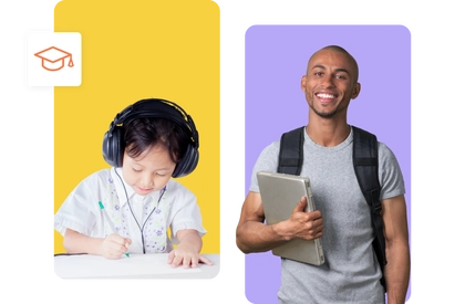 Child studying with headphones alongside a smiling man holding a tablet.